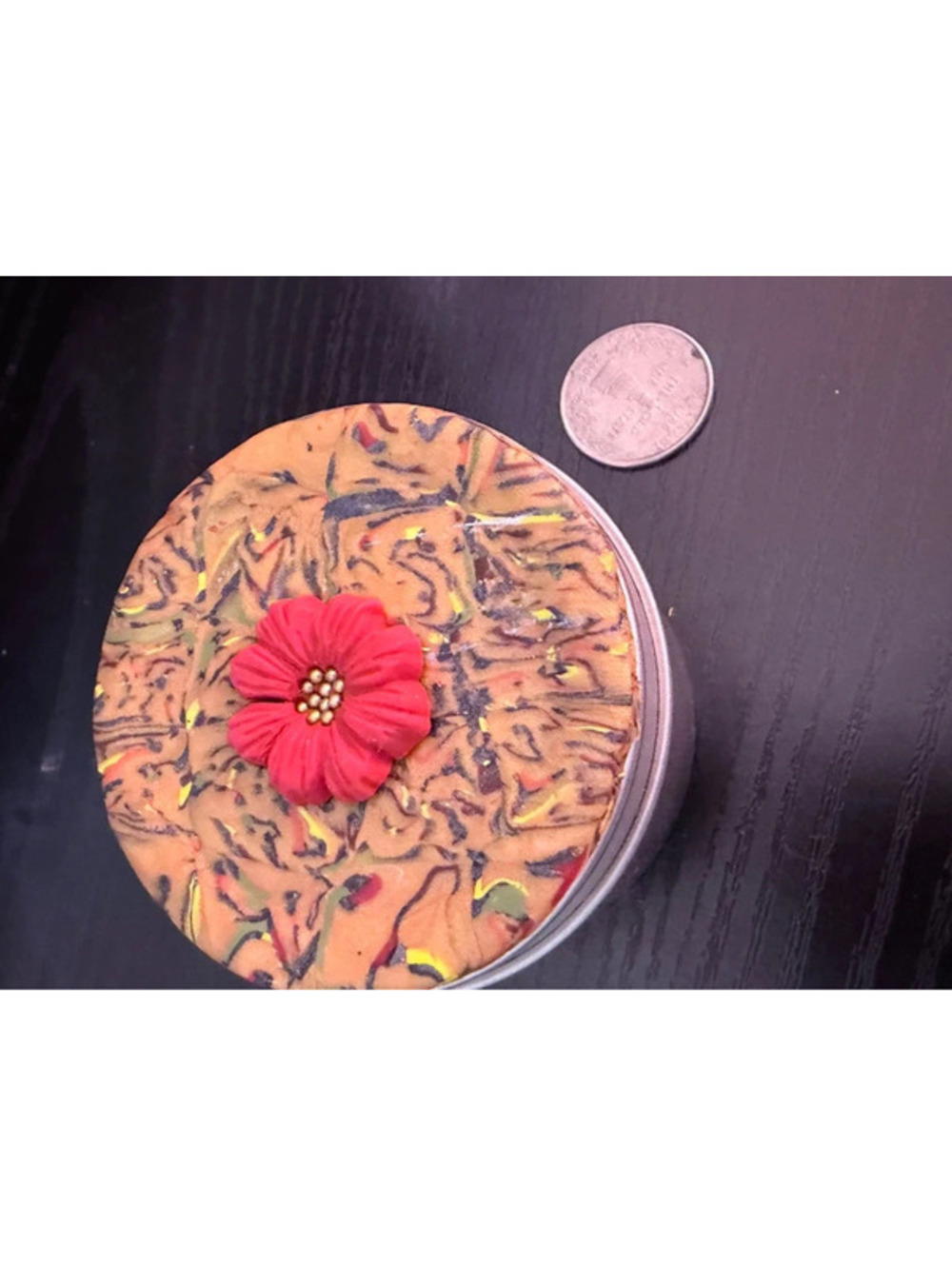 Handmade Polymer Clay Trinket Box with Marbled Lid and Red Flower Accent